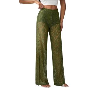 image:imageWomens Y2K Floral Lace See Through Pants Sheer Straight Leg Long Pants Club WearGreen