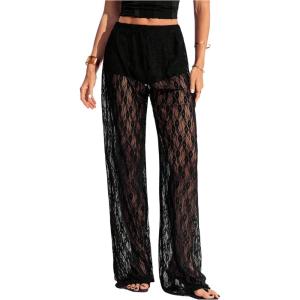 image:imageWomens Y2K Floral Lace See Through Pants Sheer Straight Leg Long Pants Club WearLace Black