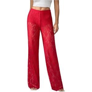 image:imageWomens Y2K Floral Lace See Through Pants Sheer Straight Leg Long Pants Club WearRed