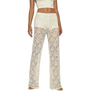 image:imageWomens Y2K Floral Lace See Through Pants Sheer Straight Leg Long Pants Club WearWhite