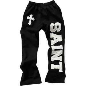 image:imageWomens Y2K Retro Letter Graphic Sweatpants Elastic Waist Wide Leg Drippy Pants Trousers StreetwearBlack