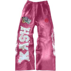 image:imageWomens Y2K Retro Letter Graphic Sweatpants Elastic Waist Wide Leg Drippy Pants Trousers StreetwearPink Letter