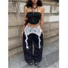 image:imageWomens Coquette Lace Trim Ribbon Wide Leg Pants High Waisted Baggy Trousers Y2k Casual PantsBlack and White