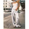image:imageWomens Wide Leg Pants Elastic Waist Satin Pants Y2k Baggy Low Rise Long TrousersSilver