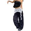 image:imageWomens Coquette Lace Trim Ribbon Wide Leg Pants High Waisted Baggy Trousers Y2k Casual PantsBlack and White