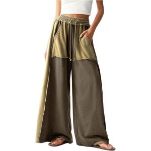 image:imageWomens Baggy Sweatpants Color Block Patchwork Wide Leg Sweat Pants Palazzo Flowy Pants JoggersArmy Green