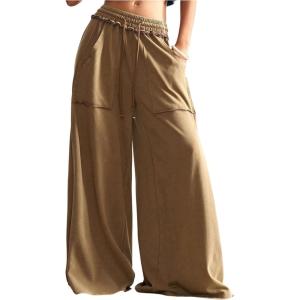 image:imageWomens Baggy Sweatpants Color Block Patchwork Wide Leg Sweat Pants Palazzo Flowy Pants JoggersBrown
