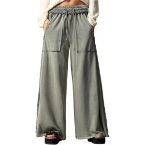 image:imageWomens Baggy Sweatpants Color Block Patchwork Wide Leg Sweat Pants Palazzo Flowy Pants JoggersDeep Green