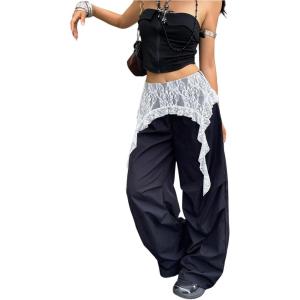 image:imageWomens Coquette Lace Trim Ribbon Wide Leg Pants High Waisted Baggy Trousers Y2k Casual PantsBlack and White