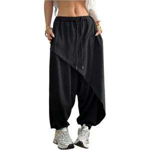 image:imageWomens Hippie Baggy Harem Pants Drawstring Waist Drop Crotch Trousers Asymmetrical Wrap StreetwearBlack