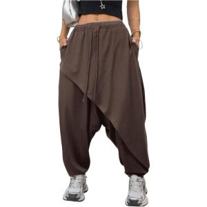 image:imageWomens Hippie Baggy Harem Pants Drawstring Waist Drop Crotch Trousers Asymmetrical Wrap StreetwearBrown