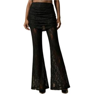image:imageWomens Lace Sheer Mesh Bell Bottoms Ruched High Waisted Flare Leggings Skirt PantsBlack