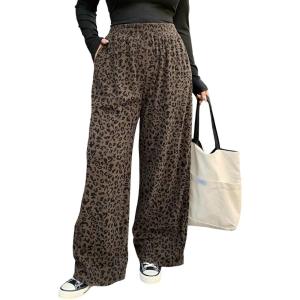 image:imageWomens Leopard Cheetah Corduroy Wide Leg Pants Elastic High Waisted Baggy Pants Casual TrousersMulticolor