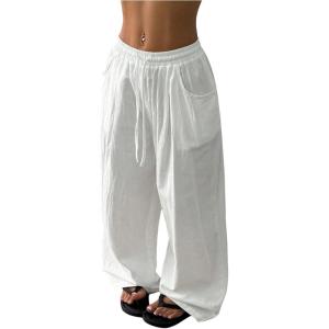 image:imageWomens Linen Beach Pants Drawstring Elastic Waist Wide Leg Palazzo Pants Bottom Swimsuit CoverupsWhite