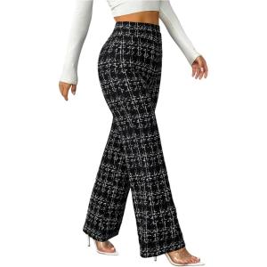 image:imageWomens Plaid Pants Elastic High Waisted Wide Leg Long Pants Elegant Work Business Casual TrousersBlack