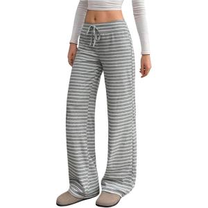 image:imageWomens Ribbed Knit Striped Wide Leg Pants Elastic High Waisted Baggy Pants Casual TrousersWhite