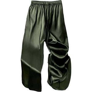 image:imageWomens Satin Silk Wide Leg Pants High Waisted Casual Baggy Pants Comfy Lounge BottomsArmy Green