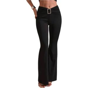 image:imageWomens Square Rhinestone Ring Flare Leggings Crossover Waist Long Bell Bottoms Y2K PantsBlack