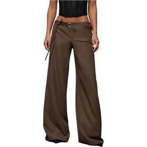 image:imageWomens Wide Leg Dress Pants Drawstring Eyelet Baggy Business Work Long Pants TrousersCoffee Brown