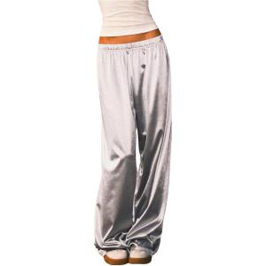 image:imageWomens Wide Leg Pants Elastic Waist Satin Pants Y2k Baggy Low Rise Long TrousersSilver
