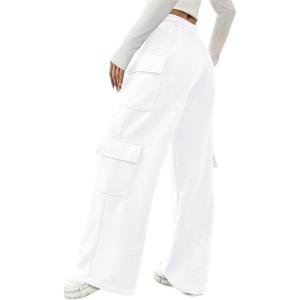 image:imageWomens Wide Leg Sweatpants Drawstring Waist Baggy Cargo Pants Casual Trousers with PocketsWhite