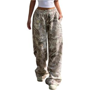 image:imageWomens Y2K Camo Maple Leaf Print Sweatpants Baggy Hip Pop Elastic Waist Long Pants StreetwearKhaki