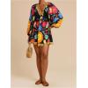image:imageWomens Boho Floral V Neck Mini Dresses Bishop Sleeve Tie Open Back Tropical DressBlack