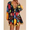 image:imageWomens Boho Floral V Neck Mini Dresses Bishop Sleeve Tie Open Back Tropical DressBlack