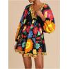 image:imageWomens Boho Floral V Neck Mini Dresses Bishop Sleeve Tie Open Back Tropical DressBlack