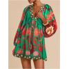 image:imageWomens Boho Floral V Neck Mini Dresses Bishop Sleeve Tie Open Back Tropical DressGreen and Red