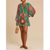 image:imageWomens Boho Floral V Neck Mini Dresses Bishop Sleeve Tie Open Back Tropical DressGreen and Red