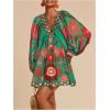 image:imageWomens Boho Floral V Neck Mini Dresses Bishop Sleeve Tie Open Back Tropical DressGreen and Red