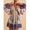image:imageWomens Boho Floral V Neck Mini Dresses Bishop Sleeve Tie Open Back Tropical DressMulticolor