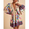 image:imageWomens Boho Floral V Neck Mini Dresses Bishop Sleeve Tie Open Back Tropical DressMulticolor