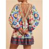 image:imageWomens Boho Floral V Neck Mini Dresses Bishop Sleeve Tie Open Back Tropical DressMulticolor