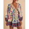 image:imageWomens Boho Floral V Neck Mini Dresses Bishop Sleeve Tie Open Back Tropical DressMulticolor