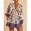 image:imageWomens Boho Floral V Neck Mini Dresses Bishop Sleeve Tie Open Back Tropical DressMulticolor