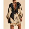 image:imageWomens Boho Floral V Neck Mini Dresses Bishop Sleeve Tie Open Back Tropical DressMulticolor Black