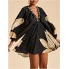 image:imageWomens Boho Floral V Neck Mini Dresses Bishop Sleeve Tie Open Back Tropical DressMulticolor Black