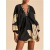 image:imageWomens Boho Floral V Neck Mini Dresses Bishop Sleeve Tie Open Back Tropical DressMulticolor Black