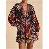 image:imageWomens Boho Floral V Neck Mini Dresses Bishop Sleeve Tie Open Back Tropical DressMulticolor Red