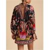 image:imageWomens Boho Floral V Neck Mini Dresses Bishop Sleeve Tie Open Back Tropical DressMulticolor Red
