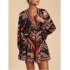 image:imageWomens Boho Floral V Neck Mini Dresses Bishop Sleeve Tie Open Back Tropical DressMulticolor Red