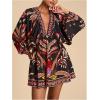 image:imageWomens Boho Floral V Neck Mini Dresses Bishop Sleeve Tie Open Back Tropical DressMulticolor Red