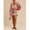 image:imageWomens Boho Floral V Neck Mini Dresses Bishop Sleeve Tie Open Back Tropical DressOrange