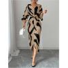 image:imageWomens Elegant Graphic Twist Front Dress 34 Ruffle Sleeve Silky Maxi Dress Bodycon Cocktail Dresses with SlitKhaki