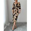 image:imageWomens Elegant Graphic Twist Front Dress 34 Ruffle Sleeve Silky Maxi Dress Bodycon Cocktail Dresses with SlitKhaki