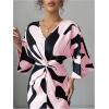 image:imageWomens Elegant Graphic Twist Front Dress 34 Ruffle Sleeve Silky Maxi Dress Bodycon Cocktail Dresses with SlitPink