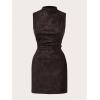 image:imageWomens PU Leather Ruched Bodycon Dresses Mock Neck Sleeveless Zipper Mini Tank DressChocolate Brown