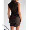 image:imageWomens PU Leather Ruched Bodycon Dresses Mock Neck Sleeveless Zipper Mini Tank DressChocolate Brown